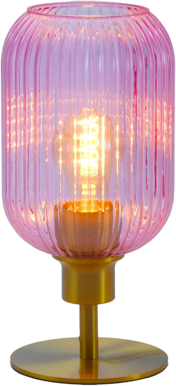 Mid Century Glass Table Lamp,Dimmable Desk Lamp,LED Bulb Included,Timer Build-in,Pink Ribbed Glass