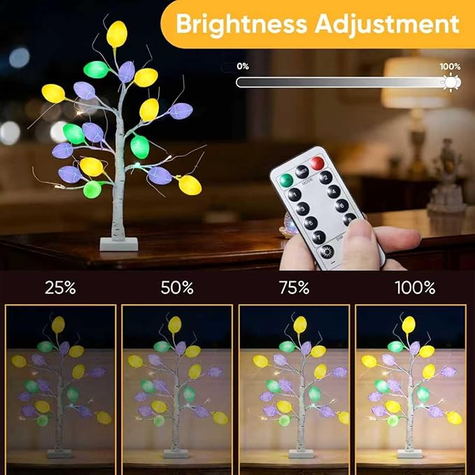 Easter Decorations Set of 2 Lighted 24 Inch Artificial Tree with 24pcs Easter Eggs, Colorful Easter Decor LED Lights, Light Up Tabletop Bonsai Tree for Table Home Holiday Spring Decors