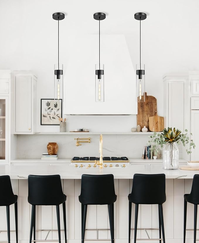3 Pack Black Pendant Lights Kitchen Island (Bulbs Included), Adjustable Modern Glass Pendant Light Over Island, Industrial Pendant Light Fixtures for Dining Room Hallway Bedroom Living Room