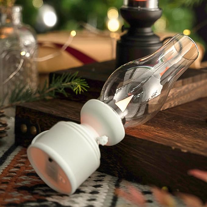 Zerodeko Kerosene Lamp Vintage Flameless Table Lamp Led Kerosene Lantern Clear Hurricane Lamp Battery Operated Nightstand for Bedroom Living Room White