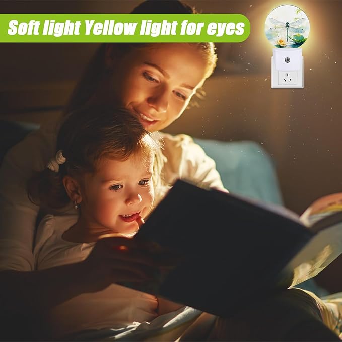 Dragonfly Watercolor Night Light,Plug-in Night Lights with Dusk-to-Dawn Sensor for Bedroom Bathroom and Living Room Sleep Friendly lamp