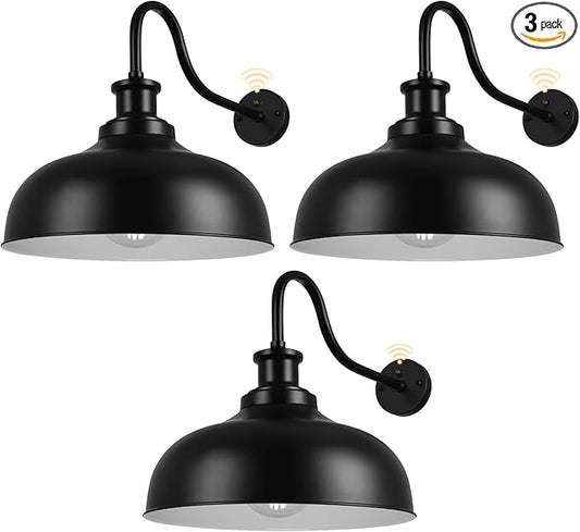 Dusk to Dawn Outdoor Gooseneck Barn Light,16 Inch Dome Outdoor Wall Sconce Farmhouse Exterior Wall Mount Light Wall Lighting Fixture Industrial Black Wall Lantern for Porch Garage, 3 Pack