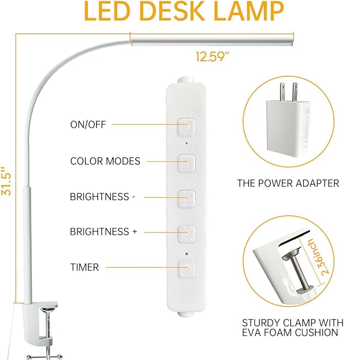 LED Desk Lamp with Clamp, Eye-Protection Clip on Desk Lamp, 5 Modes 10 Brightness Adjustment, 360°Flexible Gooseneck Lamp for Home Office, Lamps with USB Adapter，White