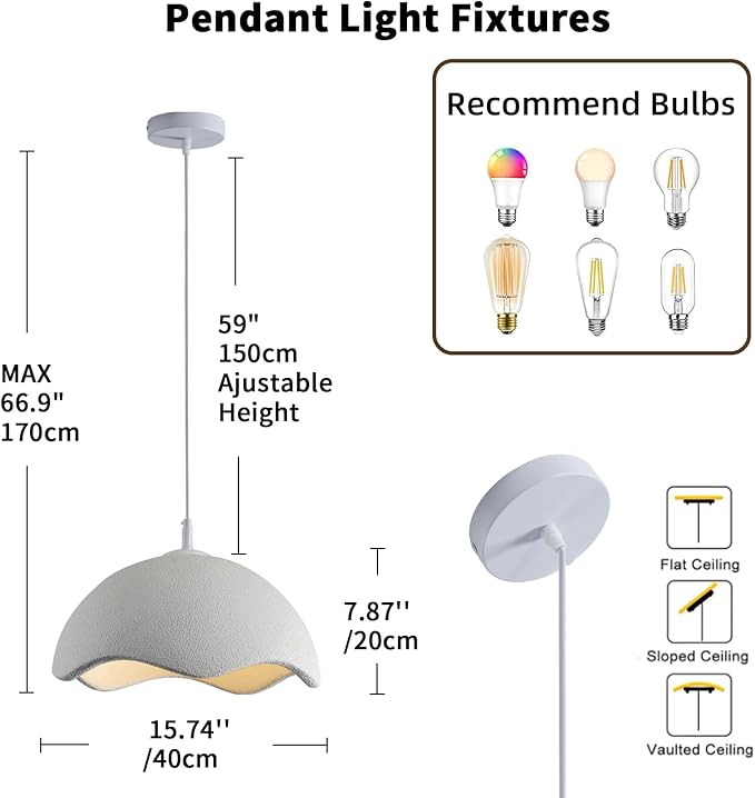 JAYMP 15.7" Modern Pendant Light for Dining Room Kitchen Island Light Hanging Lamp E26 Base Japanese Wabi-Sabi Style Bird Nest Shape Lighting Fixture, 1 Pack (Matte White,D Shape, 40cm/15.7inch)