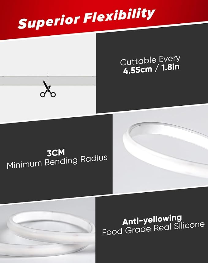 Shine Decor COB LED Rope Light AC 120V, 800lm Ultra Bright, IP65 Waterproof Cold-Resistant ETL Neon Strip, No Driver Tape Lighting for Home Commercial 10x4.5mm, 2800K Warm White, 131.2ft