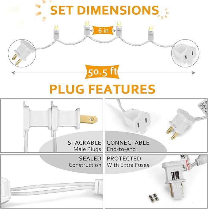 100 Counts LED Christmas Lights Outdoor - 50FT Warm White LED Christmas Lights Commercial Grade Outdoor Waterproof, White Wire Mini Plug in, 5mm Wide Angle Indoor for Xmas, Tree, UL Certified