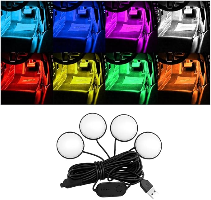 Car Interior LED Lights, 4 in 1 USB Port RGB Automotive Ambient Neon Light Kit, Vehicle Center Console Dashboard Strip Lamps Decoration Accessories, Universal for SUV Truck Sedan (Multicolor)