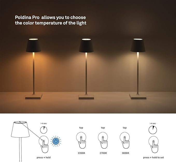 Zafferano, Poldina Pro Lamp, Rechargeable Cordless Table Lamp with Touch Controls, Suitable for Indoor and Outdoor, Dimmer, 2200-3000 K, Height 14.9 Inches, White Color