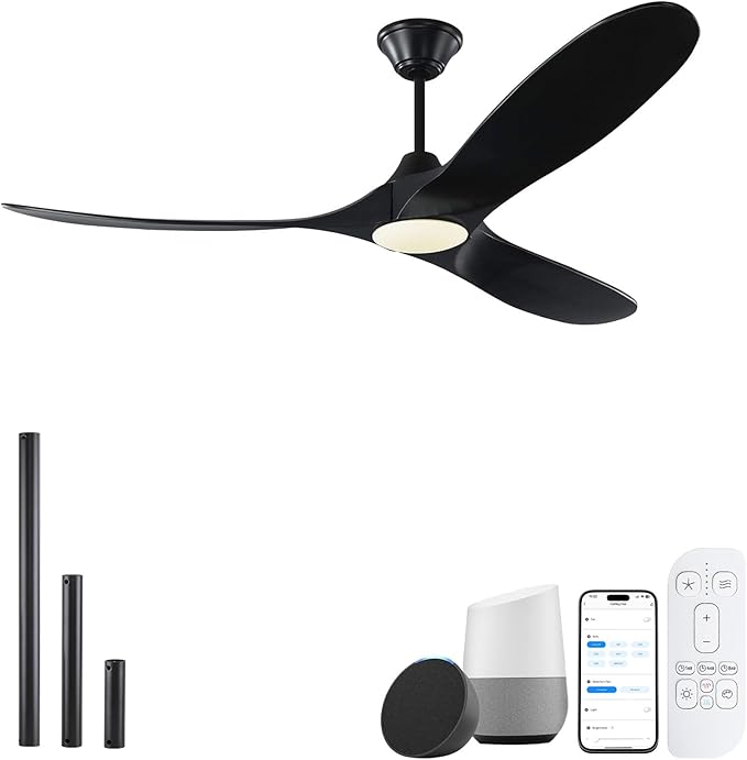 60 Inch Outdoor Ceiling Fans for Patios with Light, Smart Black Ceiling Fan with Remote/App/Alexa Control, 3 Blade Wood Propeller High CFM DC Ceiling Fan Low Profile for Indoor Outside Porch Gazebo