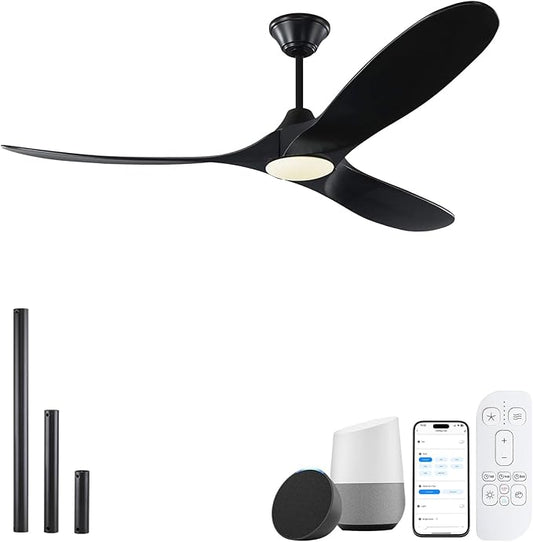 60 Inch Outdoor Ceiling Fans for Patios with Light, Smart Black Ceiling Fan with Remote/App/Alexa Control, 3 Blade Wood Propeller High CFM DC Ceiling Fan Low Profile for Indoor Outside Porch Gazebo
