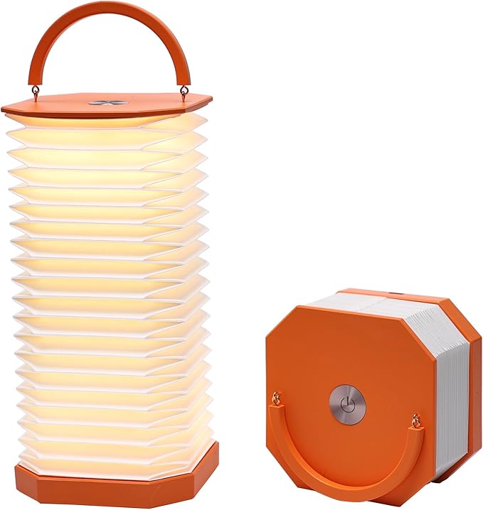 Portable Paper Lamp,White Accordion Desk Lamp,Japanese Lanterns lamp for Home Decoration and Gift,Dimmable Bedside Lamp,1200mAh USB Powered Night Light for Bedroom,Office,Reading （Orange