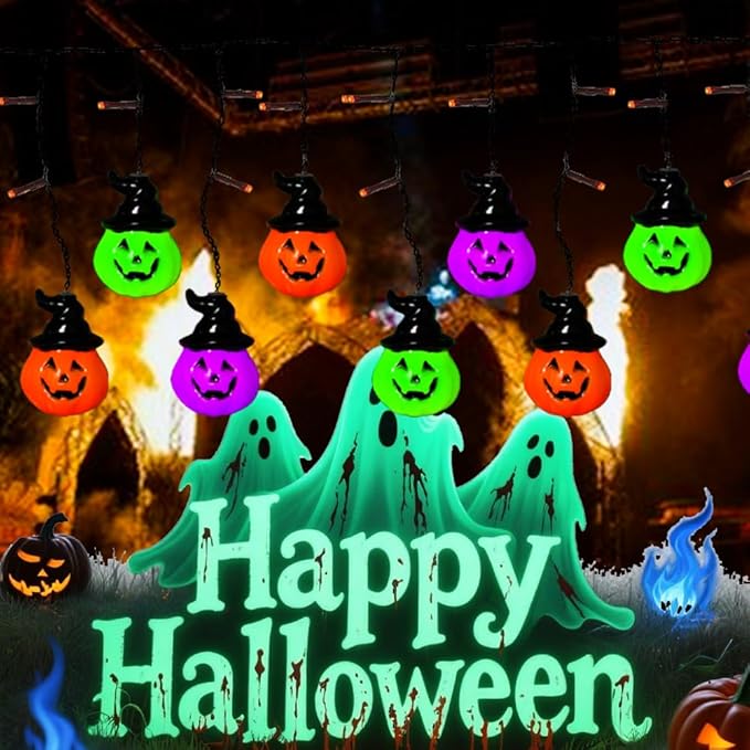 6FT 25LED Halloween Hooded Pumpkin String Lights, Icicle Light Strand with 10 Witch Hat Pumpkin Lights, 8 Lighting Modes, Battery Operated, Indoor Outdoor Holiday Decoration