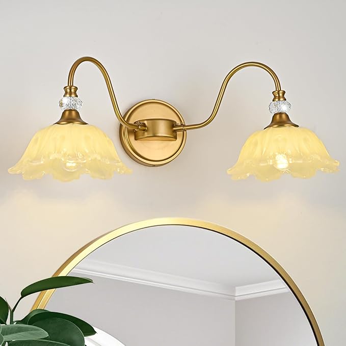 Vintage Bathroom Vanity Light, 2-Light Matte Brass Finish Vanity Light with Floral Yellow Glass Shades, Retro Wall Sconce for Bathroom, Dressing Table