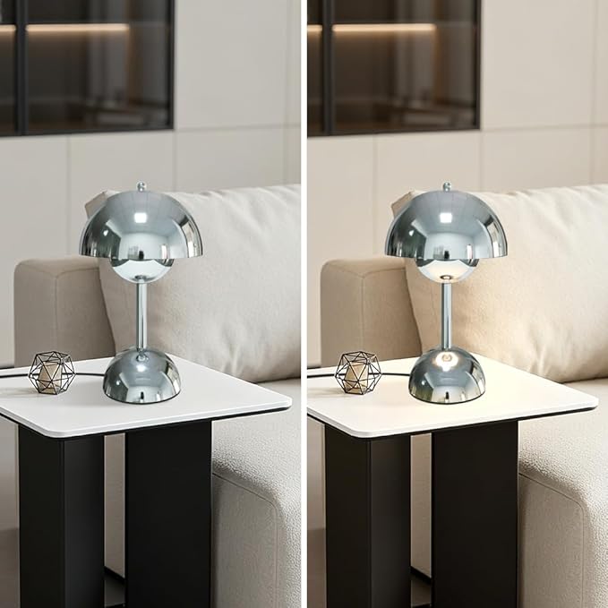 Silver Mushroom Table Lamp,3 Way Dimmable Touch Control Modern Desk and Bedside Lighting for Bedroom Office Living Room,Warm White 3000K G45 Bulb Included, Eye Caring Study Lamp for Home Decor