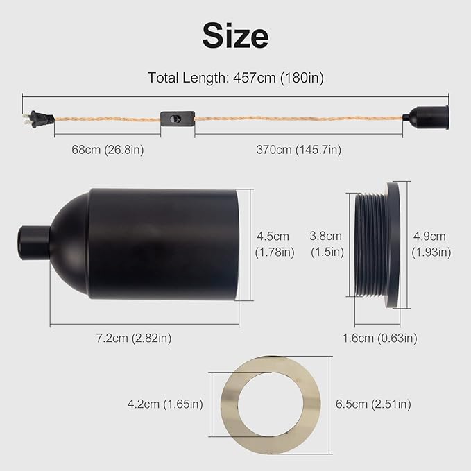 Pendant Light with Plug in Cord Hanging Vintage Hemp Rope Swag Lamp Kit Twisted Lantern Cords with Switch Replacement Industrial Farmhouse DIY Fixtures Porcelain Socket Set Black Holder 15ft 2Pack