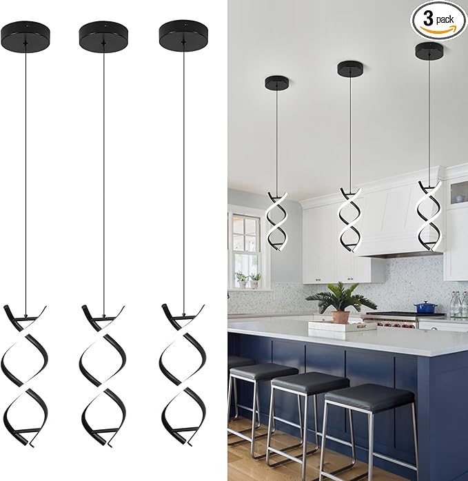 CANEOE Spiral Led Pendant Light Fixture,15W Cold White Light Modern LED Pendant Lamp, Adjustable Kitchen Island Hanging Light Fixture for Dining Room Living Room Bedroom Kitchen Sink, 3 Packs