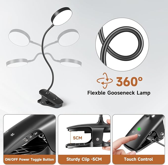 Mubarek Clip on Lamp,5 Brightness+5 Color Clip on Light,200LM 36 LED Reading Lights for Books in Bed,1800mAh Battery Powered Lamp Battery Operated Lights,Rechargeable Desk Lamp with Clamp Light