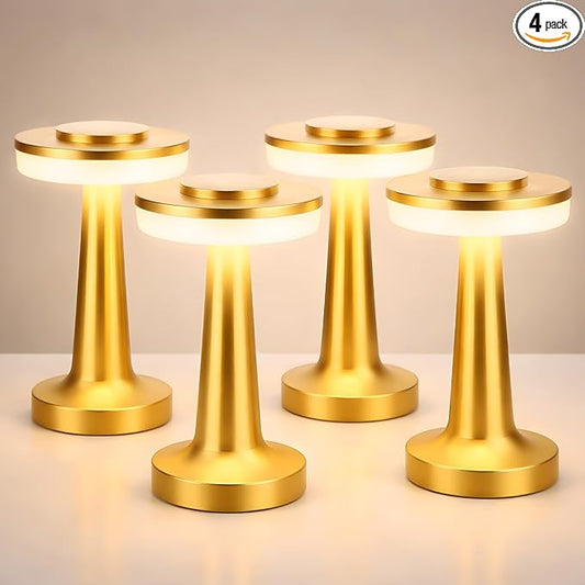 Riakrum 4 Pcs LED Portable Cordless Table Lamp with Touch Sensor 3 Color Stepless Dimming Rechargeable Battery up to 15 Hours Cordless Table Light Wireless Lamp for Nursery (Gold)