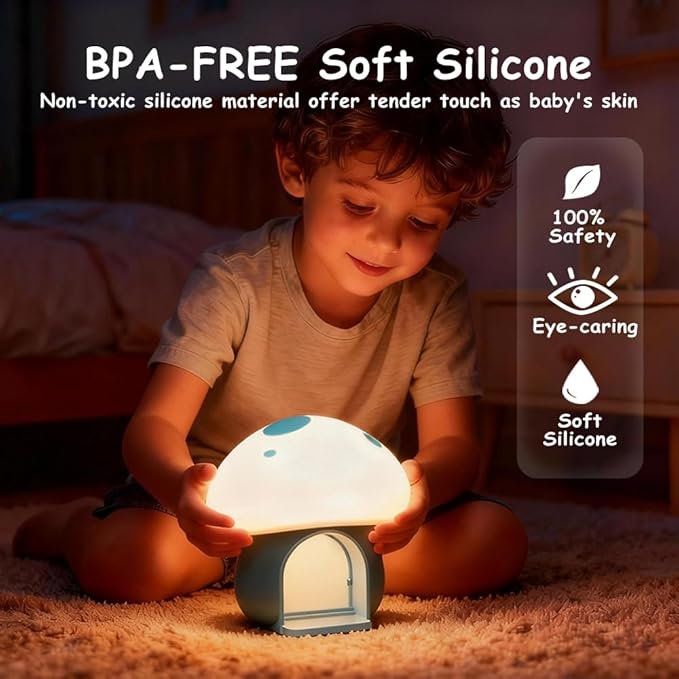 Kids Night Light, Kawaii Bunny Mushroom House Silicone Night Light with Tap Control, 3-Step Dimmable, 30/60 Min Auto-Off Timer, Rechargeable Bedside Nursery Lamp (Blue)