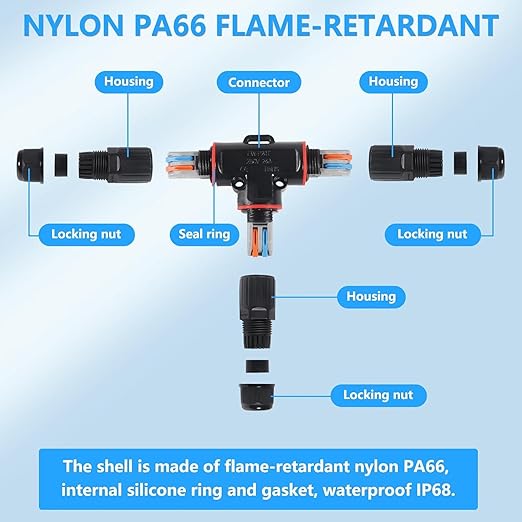 3PCS IP68 Waterproof Electrical Cable Connector, Outdoor 2 Pin T Shape Junction Box, Electrical Wire Connector for 5-9mm Wire Range