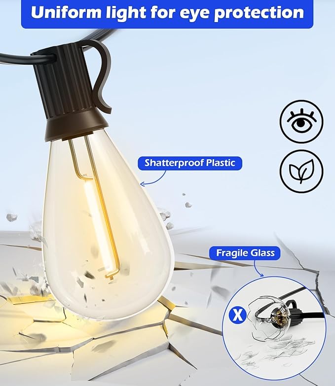 luckystyle 60FT LED Outdoor String Lights with 16+1 Edison Shatterproof Waterproof Bulbs, 2700K Commercial Grade Patio Lights, Heavy Duty Outside Hanging Outdoor Lights for Garden Porch Deck Decor