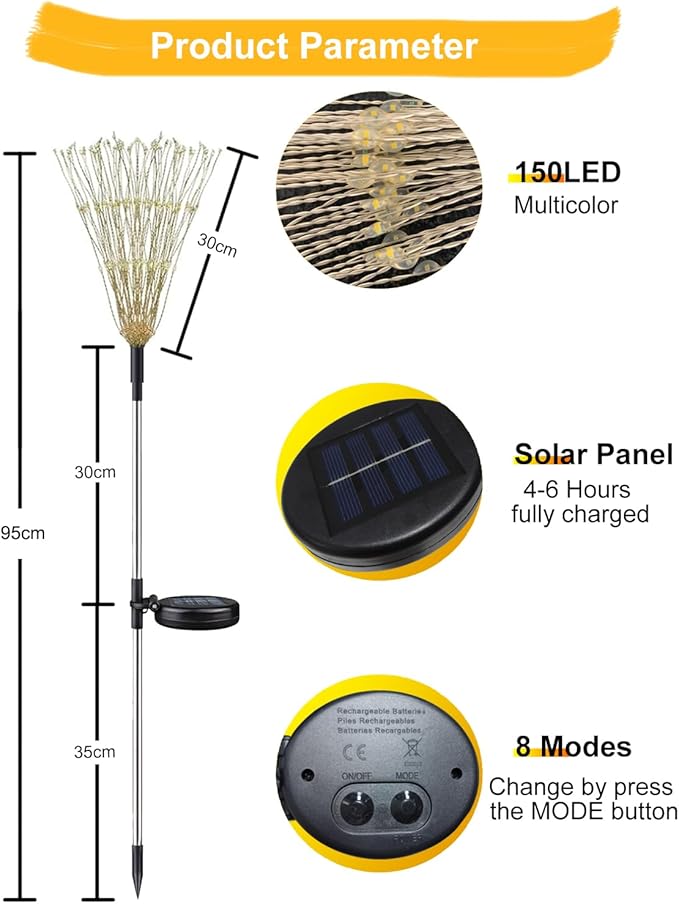 Solar Firework Lights Outdoor Waterproof 2Pcs 150 LED with 8 Modes DIY Stake Landscape Light for Outside Garden Yard Pathway Party Decor Christmas Decoration Solar Starburst Lights Multicolor