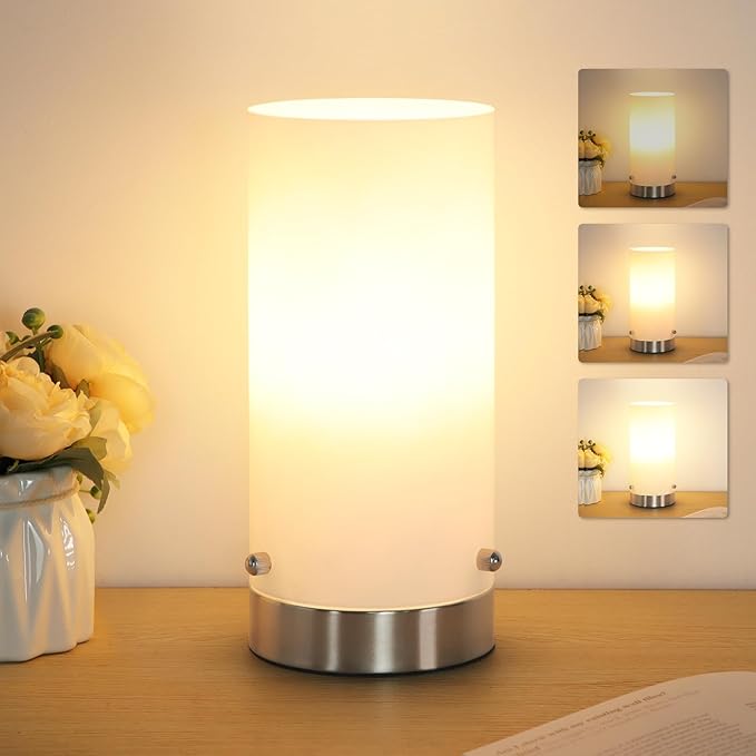 Bedside Table Lamp for Bedroom, 3 Way Dimmable Touch Control Table Lamps for Nightstand, Modern Desk Lamp with Glass Lamp Shape, 2700K 6W Bulb Included(Nickel).