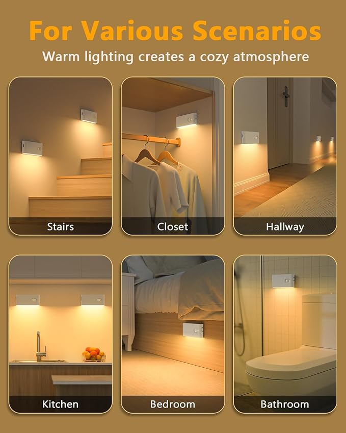 WILLED Stair Lights Indoor,Warm White Rechargeable Night Light,Wireless Motion Sensor Night Light,Battery Stick On Lights for Stairway,Hallway,Kitchen,Closet,Cabinet,Bedroom,Kids' Room(4-Pack)