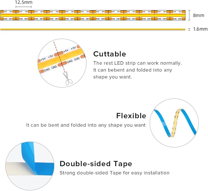 USB LED Light Strip 6.56FT, 5 Volt USB Powered COB LED Tape Lights, 4000K Natural White 8mm High Density Flexible Strips CRI90+ for TV Backlight Under Cabinet Bedroom, No Controller and Power