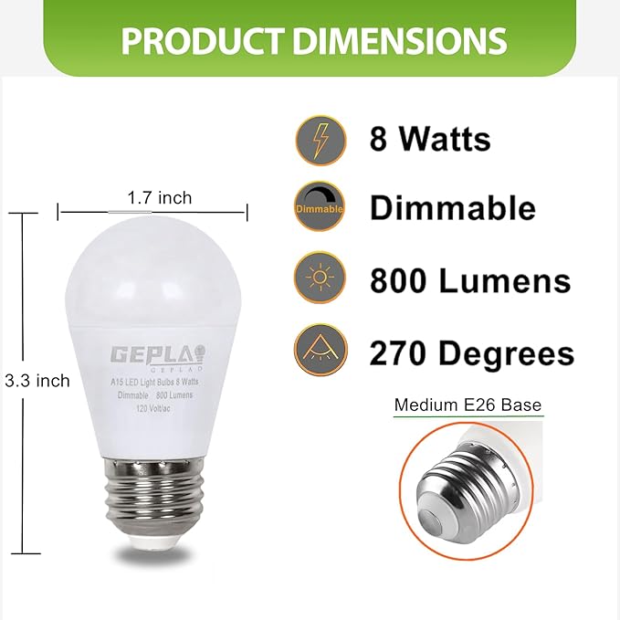 GEPLAD 6-Pack A15 Dimmable LED Light Bulbs, 5000K Daylight White, 800 Lumens, E26 Base, G45 Shape - Perfect for Refrigerator, Pendant Lights & Home Appliances, Energy Saving(60W Equivalent)