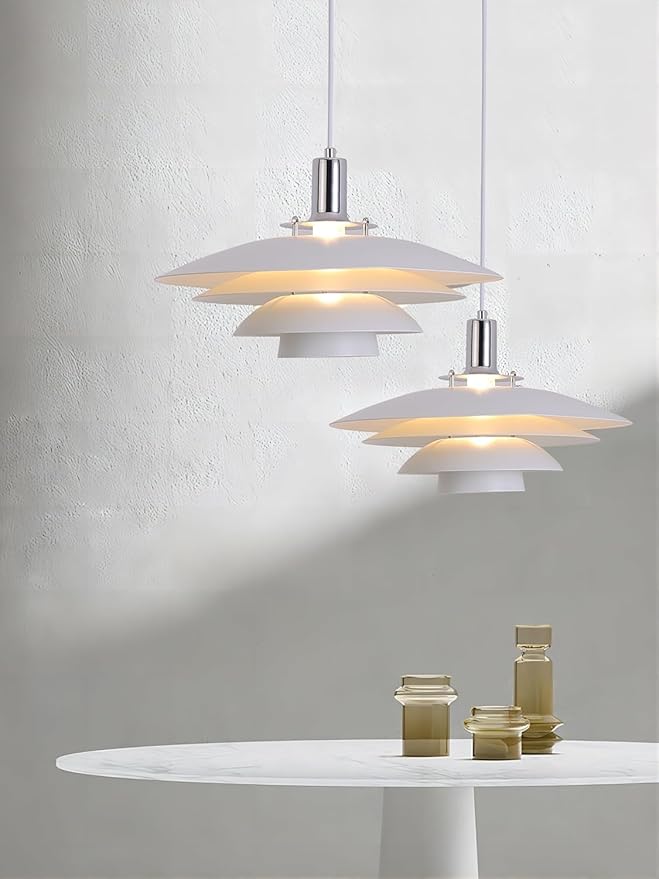 Mid Century Modern Pendant Light, 15" Nordic Hanging Ceiling Light Fixture with 4-Tier Metal Shade, E26 Base, Vintage Pendant Lamp for Kitchen Island, Dining Room White