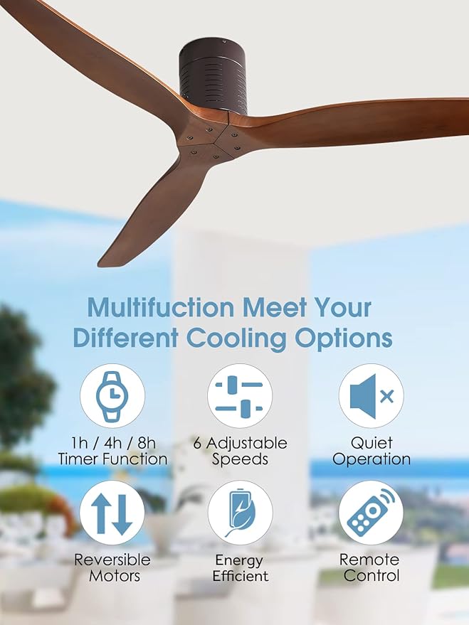 Sofucor 52'' Ceiling Fan no Light, Low Profile Flush Mount Ceiling Fan with Remote Control, Quiet Energy Saving with 6 Speeds, Timer, Brown
