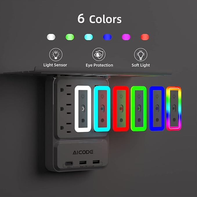 Socket Outlet Shelf,Wall Outlet Extender Surge Protector with Nightlight,6 Outlets with 3 USB Ports(1 USB C) Plug Expander Charger Shelf with Storage for Home,Dorm