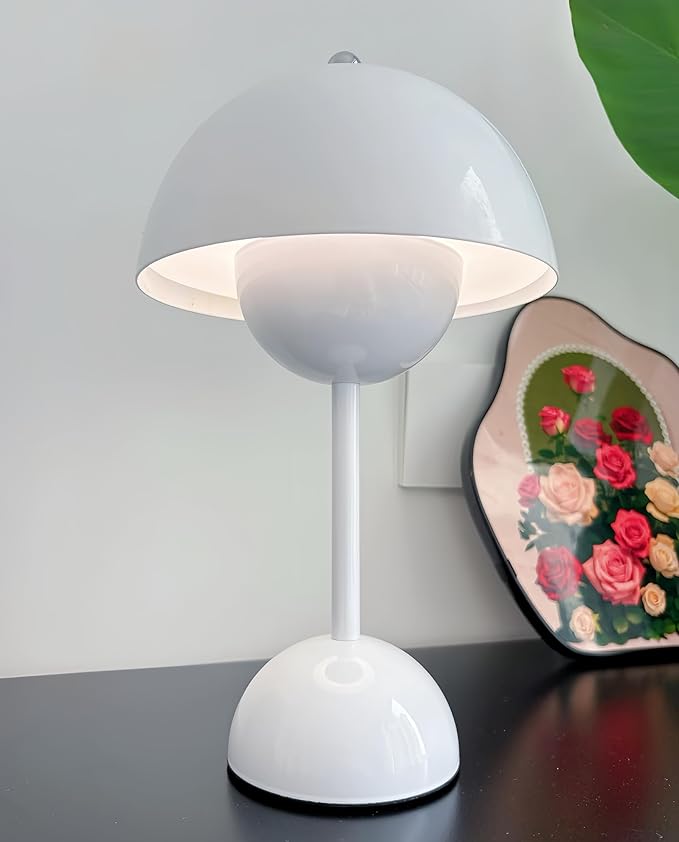 Flower Bud Lamp Modern Flowerpot Cordless Mushroom Touch Table Lamp 3 Mode Dimmable Rechargeable Desk Lamp for Bedroom (White)