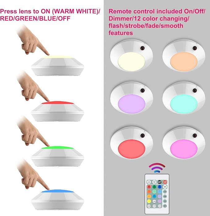 BIGLIGHT Battery Operated LED Ceiling Light, Remote Controlled, 12 Color Changing Mood Light, Hallway Lighting, Dimmable Night Light for Shower Closet Bedroom Corridor Bathroom, 2 Pack