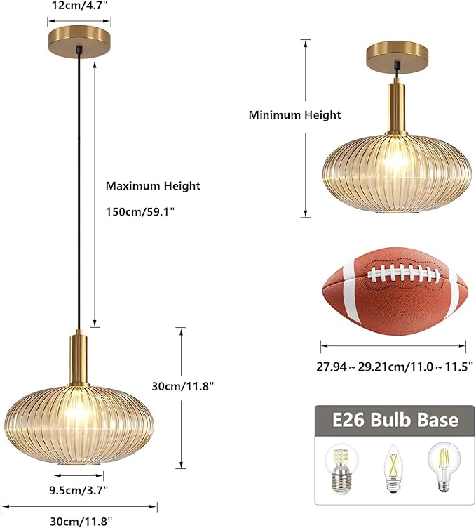KCO Lighting Modern Gold Globe Pendant Lamp 1-Light Mid Century Antique Brass Dining Pendant Light Amber Glass Farmhouse Pendant Lighting Adjustable Large Vintage Hanging Ceiling Pendant Light