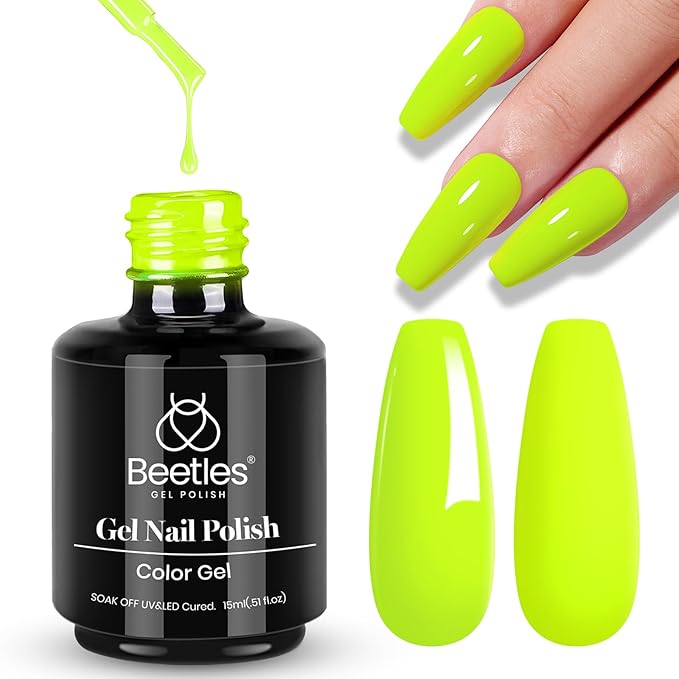 Beetles Neon Yellow Gel Polish - Vibrant Lime 15ML/0.51Fl Oz, Neon Yellow Gel Nail Polish, Soak Off UV LED Lamp Nails Art, Long-Lasting Manicure Salon DIY Home Summer Nails