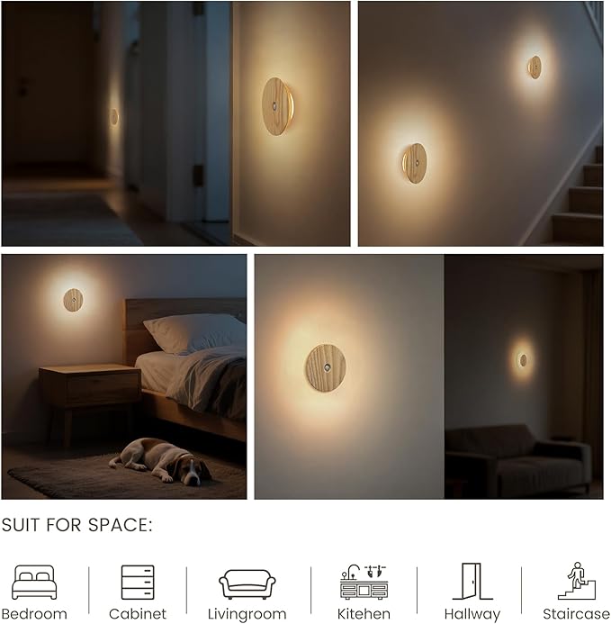 Motion Sensor Night Lights Wood, Rechargeable Battery-Powered Magnetic Stick-On Night Lights Wall Lights for Hallway, Bedroom, and Stairs (Ash Wood *2Pack)
