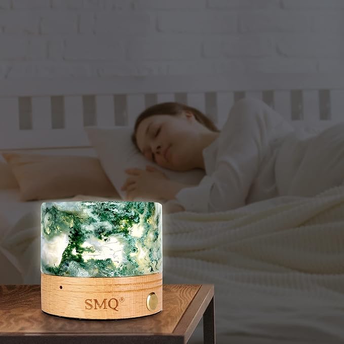 SMQ Moss Agate Crystal Night Light with USB Charging Port,Handmade Polished Healing Crystal Stones Lamp Cylindrical Touch Night Light for Living Room,Shelf,Office Decor