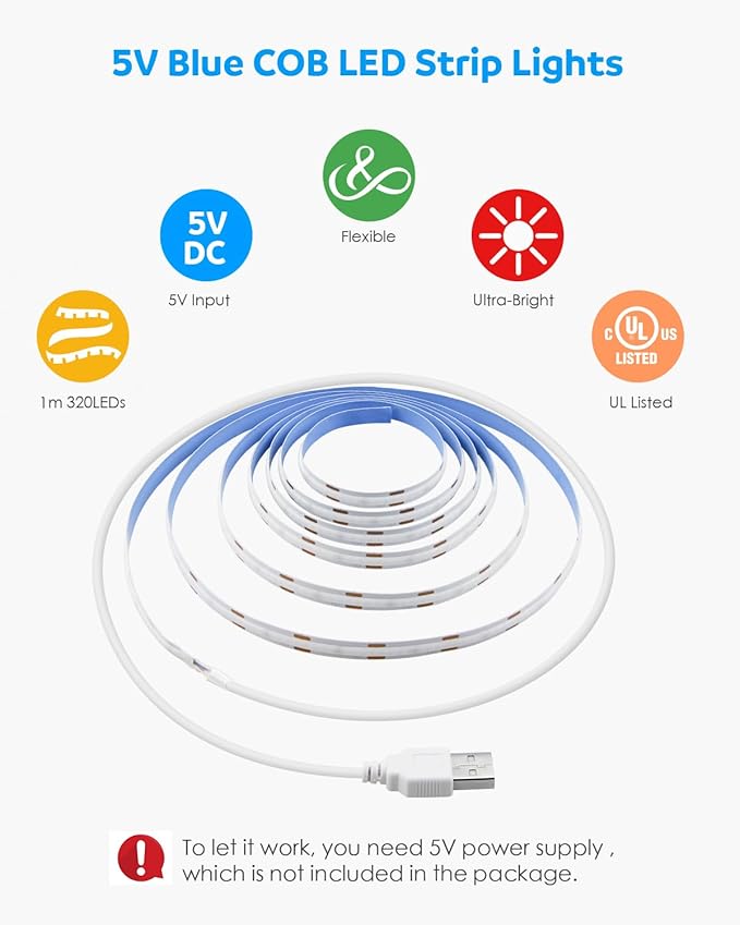 Aclorol COB LED Strip Light 1M 5V Flexible Blue LED Strip Lights for Bedroom with 1M USB Powered Cable Not Dimmable for Kitchen Cabinet Gaming Room Indoor DIY Decoration 320LEDs/M CRI85+