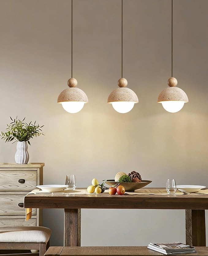 Spherical Wabi Sabi Pendant Light Natural Stone Retro Japanese Style Vintage Mini Wood Nordic Hanging Light Yellow Travertine Pendant Light Fixture for Kitchen Island Bedroom Hallway Bedside (3PCS)