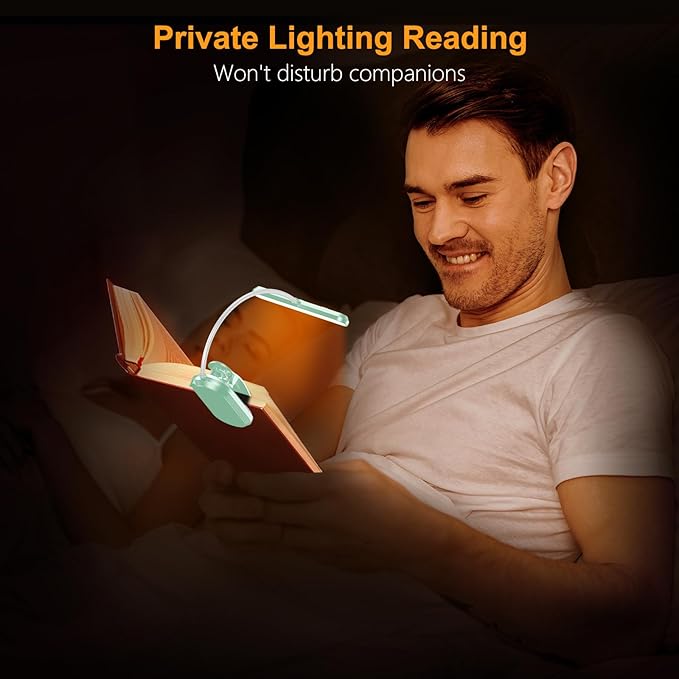 Gritin Rechargeable Book Light for Reading in Bed with 19 LED &Memory Function-Eye Caring 3 Color Temperatures,5 Brightness Levels,90 Hrs Runtime Flexible Goose Neck Clip on Light-Cyan