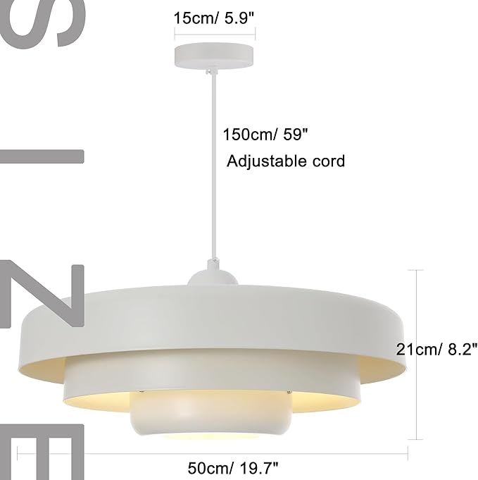 Vintage Pendant Light with White Metal Shade, 19.7" Farmhouse Ceiling Fixture for Kitchen Island, Dining Room, Living Room, 3-Tier Industrial Hanging Chandelier