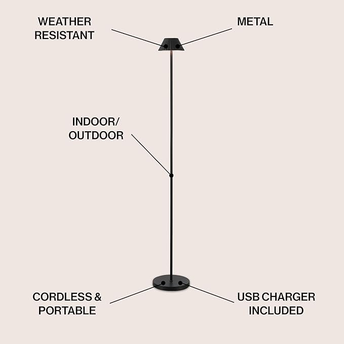 JONATHAN Y 44" Black Modern Rechargeable Cordless LED Floor Lamp for Patio, Dimmable Minimalist Indoor Outdoor Standing Light, Pleated Iron Shade, Touch Sensor (JYL7168D)