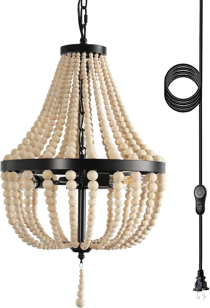3-Light Plug in Chandelier Dimmable and Timer Mini Wood Beaded Bohemian Pendant Light Fixture with 16.4ft Swag Cord,Black Metal Finish Natural Color Beads,Dining Room,Living Room,Foyer,Bedroom…