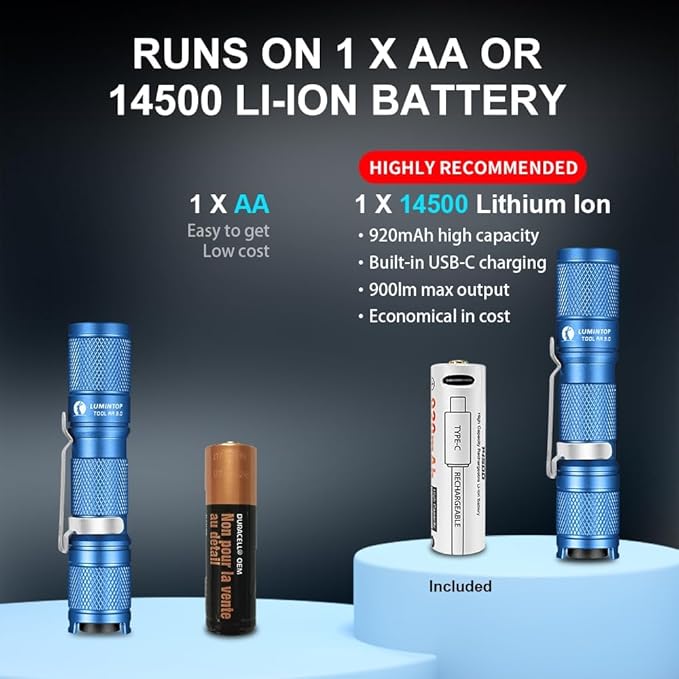 LUMINTOP Pocket-Sized Super Bright Flashlight Set Tool AA 3.0 EDC Flashlight, 900 Lumens AA EDC Flashlight with Magnetic Tail and 920mah Rechargeable Battery, 5 Modes with Mode Memory, Waterproof Torc