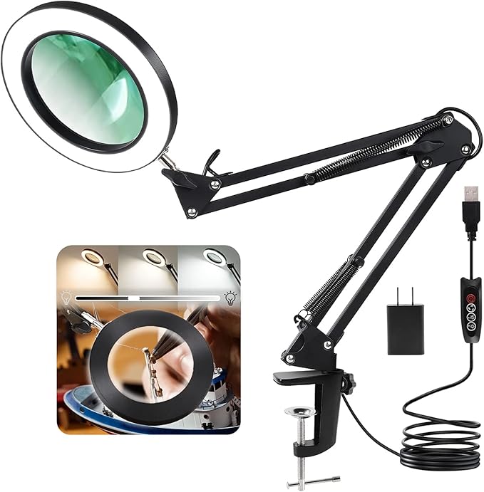 LANCOSC 12X Magnifying Glass with Light and Stand, Real Glass Lens 3 Color Modes Stepless Dimmable, Hands Free Adjustable Arm LED Lighted Magnifier Desk Lamp & Clamp for Crafts Reading Repair - Black