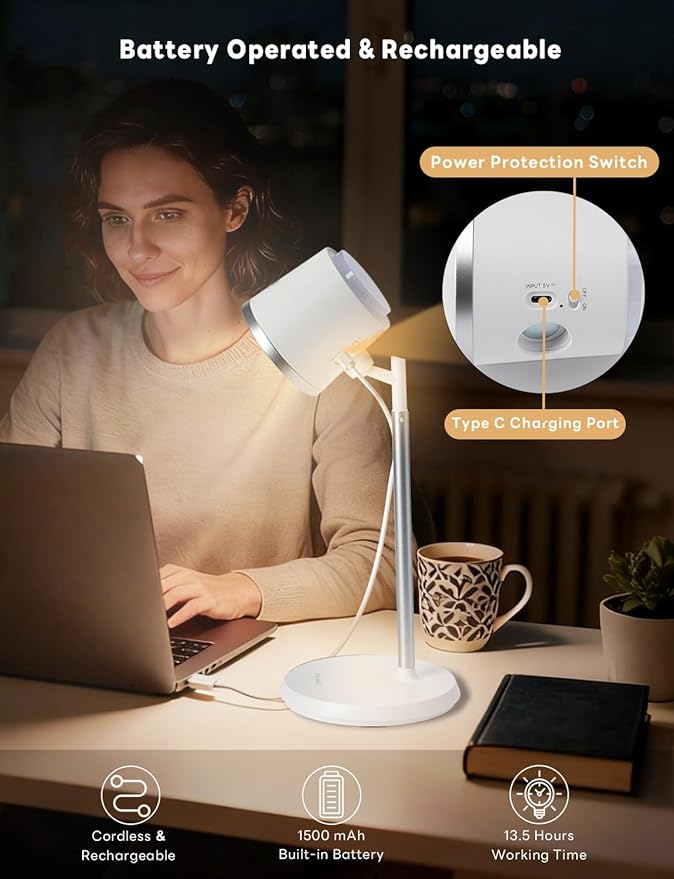 Rechargeable LED Desk Lamp, Magnetic Wall Mount LED Light, Dimmable Cordless Reading Lamp with Adjustable Brightness & 3 Color Modes for Reading, Working, Bedroom, Hallway