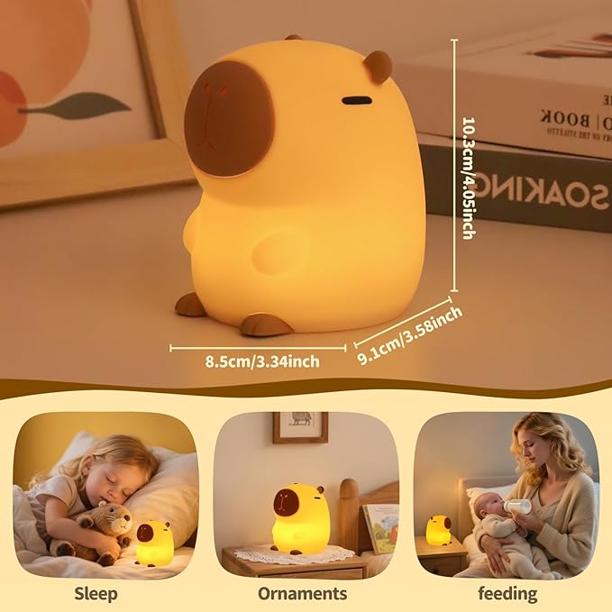 Capybara Night Light Squishy, 50Hrs Nursery Night Light, Touch Control 2 Brightness, 30Min Auto-Off, Rechargeable Bedside Lamp for Baby Kids, [Easter Gifts]