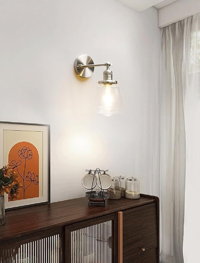 Phansthy Wall Sconces Light Fixture Industrial Wall Lamp, 180 Degree Adjustable Bathroom Vanity Light, Wall Light with Glass Shade Wall Decorative Lighting for Kitchen Living Room Hallway (Brushed)